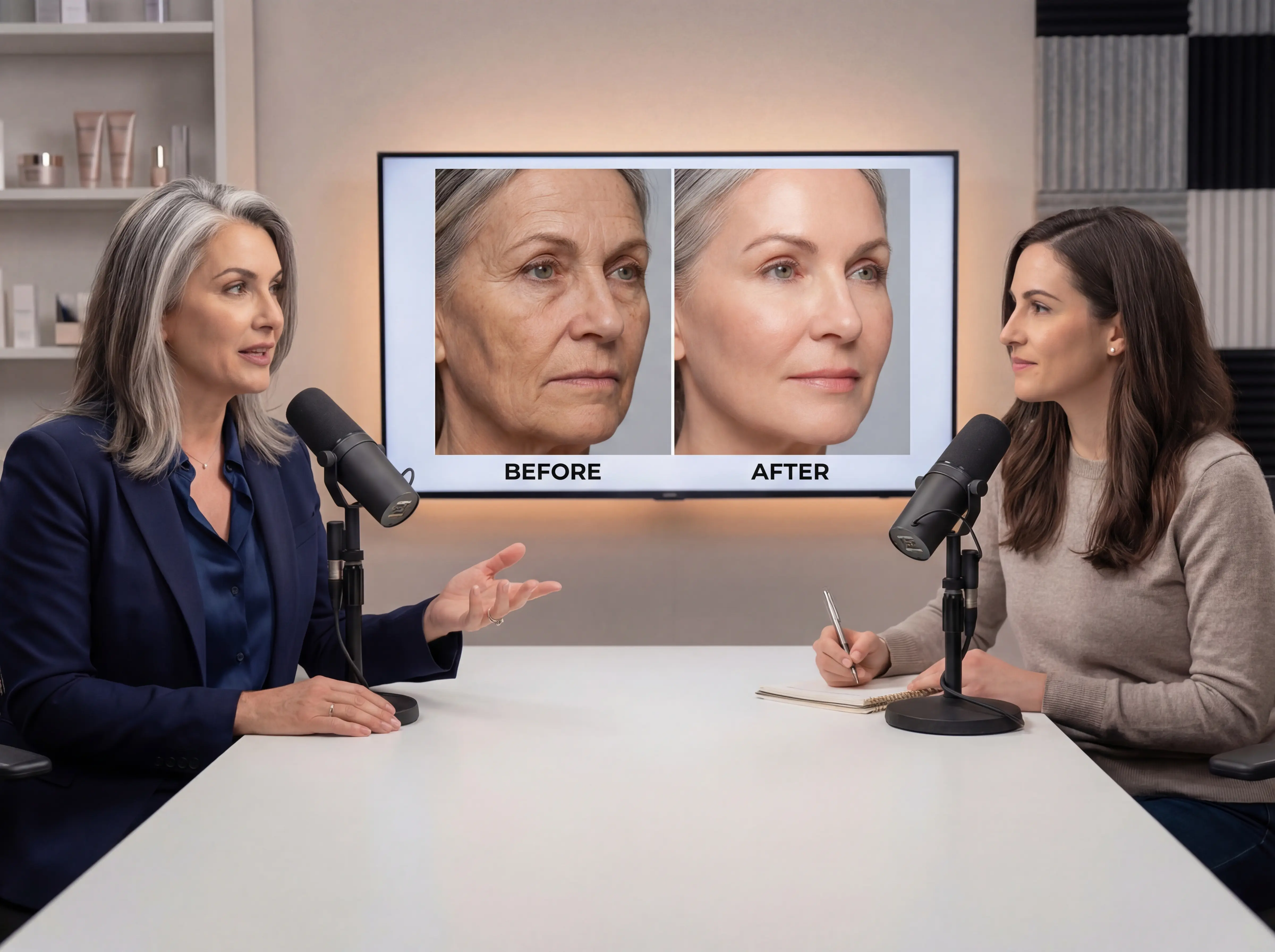 Skincare specialist discusses before-and-after results at a podcast-style interview desk, with a monitor showing visible skin improvement comparison in the background.